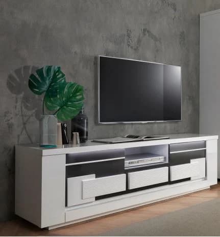 MEUBLE TV 2 PORTES + 1 TIROIR - BLANC & GRIS - Image 2