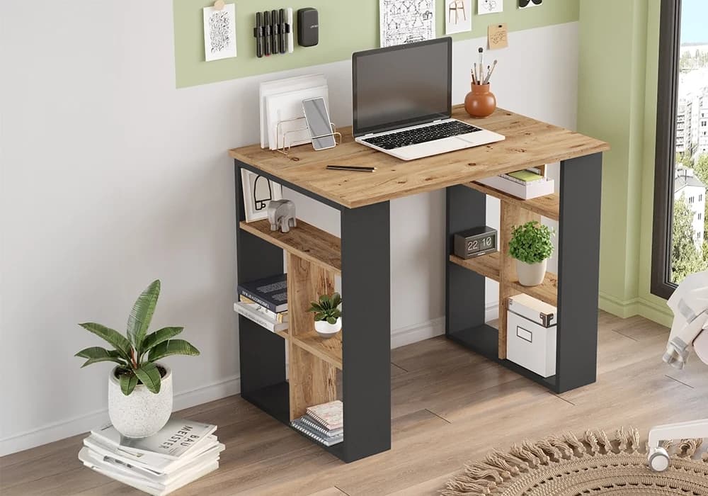 Bureau Compact avec Rangements Latéraux Anthracite/ Chêne